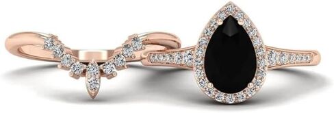 مجموعة خواتم خطوبة من الألماس الأسود على شكل كمثرى 3 قيراط للنساء | تخريمية خمر العتيقة هالة خاتم الزواج | مجوهرات مويسانيتي/أونيكس مصنوعة يدويًا | خاتم الذكرى الفضية/الذهبية لها/الهدايا in Kuwait