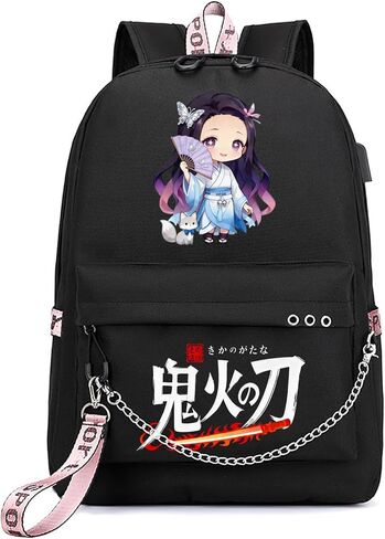 حقيبة ظهر ZJYJING Demon Slayer Nezuko Kimetsu مع منفذ شحن USB، حقائب ظهر مخصصة للسفر للأولاد والبنات. (أسود-أ) in Kuwait