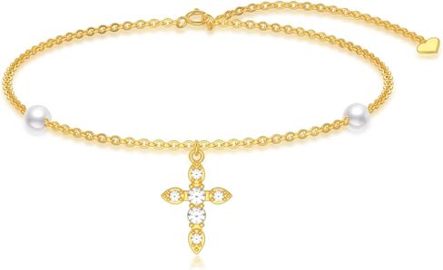 Solid 14K Gold Cross/Heart Anklet for Women, Real Gold Cross Bracelet Adjustable Beach Foot Ankle Bracelet Religious Fine Jewelry Gifts for Her Wife Mom Nana in Kuwait
