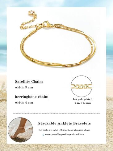 Stackable Anklets Bracelets for Women 14k Real Gold Plated Layered Ankle Bracelets, Adjustable Chain Waterproof Hypoallergenic Non-Tarnish Dainty Body Jewelry Elegant Gifts in Saudi Arabia