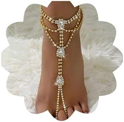 Xerling Crystal Women Ankle Bracelets with Toe Ring Bridal Foot Chain Rhinestones Brides Foot Jewelry for Beach Lawn Wedding Barefoot Anklets 1Pcs in Saudi Arabia