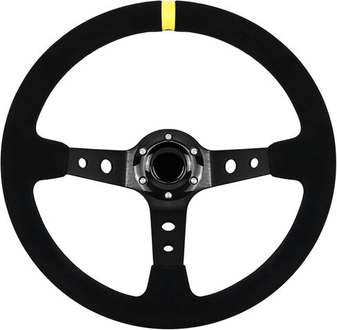 13.6" Universal Suede Steering Wheel Deep Dish Racing Steering Wheel 6 Bolts with Horn Button for Race/Rally/Motorsport/Car Sim Driving,Yellow Positioning Line in Saudi Arabia