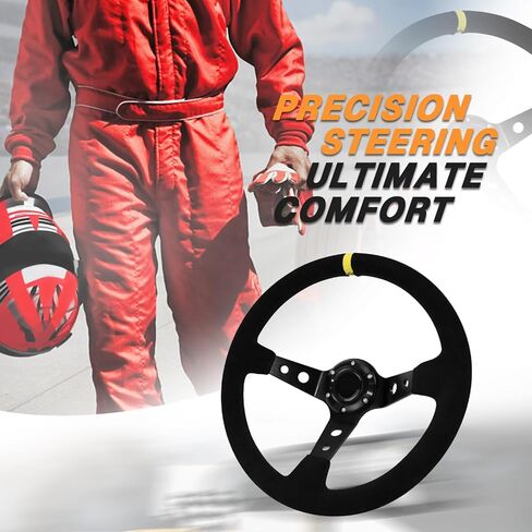 13.6" Universal Suede Steering Wheel Deep Dish Racing Steering Wheel 6 Bolts with Horn Button for Race/Rally/Motorsport/Car Sim Driving,Yellow Positioning Line in Saudi Arabia