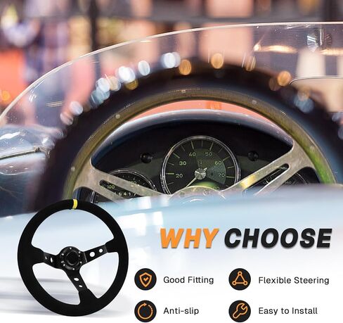 13.6" Universal Suede Steering Wheel Deep Dish Racing Steering Wheel 6 Bolts with Horn Button for Race/Rally/Motorsport/Car Sim Driving,Yellow Positioning Line in Saudi Arabia