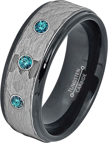0.21ct Blue Diamond 3-Stone Tungsten Ring - April Birthstone - 8MM Two-Tone Black-Plated Grey Hammered Center Stepped Edge Comfort Fit Unisex Wedding Anniversary Band in Kuwait