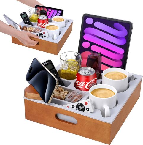 صينية حامل أكواب الأريكة، علبة أريكة خشبية من السيليكون الناعم مع مقبض للحمل، حامل أكواب الأريكة لمنظم السرير والسيارة على الشاطئ، حامل أكواب الأريكة مضاد للانسكاب للوجبات الخفيفة والمشروبات عن بعد (بني) in Kuwait