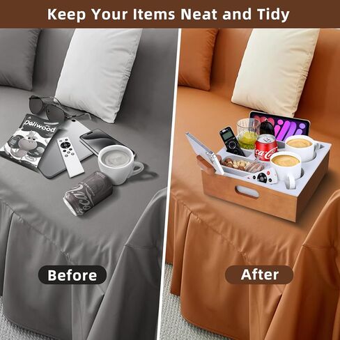 صينية حامل أكواب الأريكة، علبة أريكة خشبية من السيليكون الناعم مع مقبض للحمل، حامل أكواب الأريكة لمنظم السرير والسيارة على الشاطئ، حامل أكواب الأريكة مضاد للانسكاب للوجبات الخفيفة والمشروبات عن بعد (بني) in Kuwait