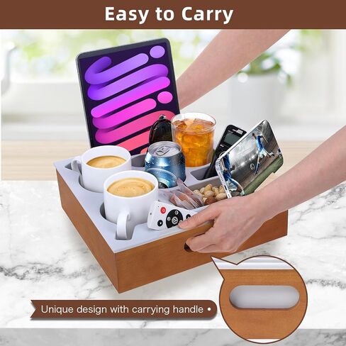 صينية حامل أكواب الأريكة، علبة أريكة خشبية من السيليكون الناعم مع مقبض للحمل، حامل أكواب الأريكة لمنظم السرير والسيارة على الشاطئ، حامل أكواب الأريكة مضاد للانسكاب للوجبات الخفيفة والمشروبات عن بعد (بني) in Kuwait