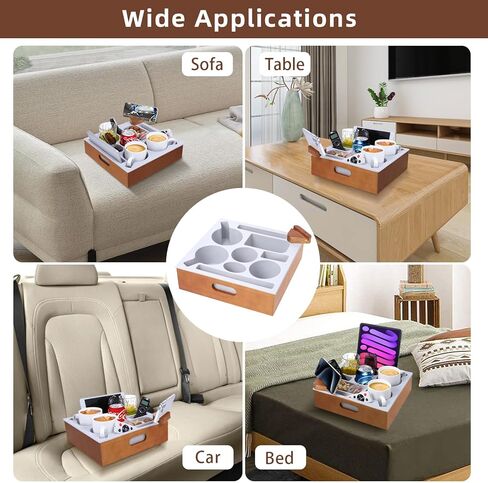 صينية حامل أكواب الأريكة، علبة أريكة خشبية من السيليكون الناعم مع مقبض للحمل، حامل أكواب الأريكة لمنظم السرير والسيارة على الشاطئ، حامل أكواب الأريكة مضاد للانسكاب للوجبات الخفيفة والمشروبات عن بعد (بني) in Kuwait