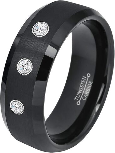 0.21ct Diamond 3-Stone Tungsten Ring - April Birthstone - 8MM Dome Black Ion-Plated Flat Brushed Finish Center Beveled Edge Comfort Fit Unisex Wedding Anniversary Band in Kuwait
