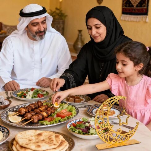 ديكورات رمضان إسلامية، لافتة طاولة عيد مبارك خشبية ذهبية مكونة من قطعتين مع قمر ونجمة مجوفة، ديكور منزلي إسلامي لهدية عيد رمضان، 8 × 7.67 بوصة in Kuwait
