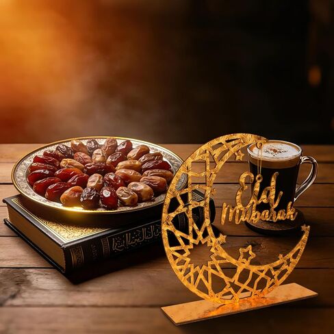 ديكورات رمضان إسلامية، لافتة طاولة عيد مبارك خشبية ذهبية مكونة من قطعتين مع قمر ونجمة مجوفة، ديكور منزلي إسلامي لهدية عيد رمضان، 8 × 7.67 بوصة in Kuwait