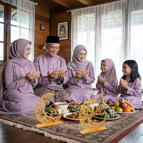 ديكورات رمضان إسلامية، لافتة طاولة عيد مبارك خشبية ذهبية مكونة من قطعتين مع قمر ونجمة مجوفة، ديكور منزلي إسلامي لهدية عيد رمضان، 8 × 7.67 بوصة in Kuwait