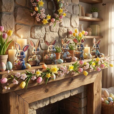 زينة عيد الفصح للمنزل، ديكورات الأرنب ديكور المنزل الربيعي، 6 قطع خشبية لافتة طاولة أرنب عيد الفصح in Kuwait