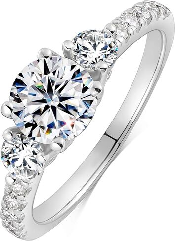 Three Stone Engagement Rings for Women, 1-2ct Radiant/Round Moissanite Ring Sterling Silver 14K Gold Plated Emerald Cut 3 Stone Ring VVS Diamond Promise Rings Gift Jewelry for Lover Wife Size 4-10 in Kuwait