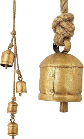 Christmas Vintage Cow Bells Cluster – 4 Gold Hanging Bells on Jute Rope, Rustic Decorative Bells for Wall, Door, Bedroom, Living Room, Mantel, Outdoors, Harmony Handmade Tin/Iron Bells (Gold) in Saudi Arabia
