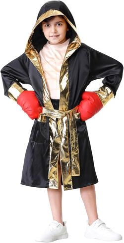 LMYOVE Kids' Boxer Costume 4-Piece Set, Boy's Boxing Hooded Robe, Halloween Boys Boxer Suit for Cosplay in Saudi Arabia