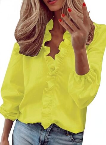 Women’s Long Sleeve V Neck Ruffled Trim Blouse Lightweight Lantern Or Puff Sleeve Casual Top Solid Floral Script Prints in Saudi Arabia