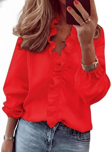 Women’s Long Sleeve V Neck Ruffled Trim Blouse Lightweight Lantern Or Puff Sleeve Casual Top Solid Floral Script Prints in Saudi Arabia