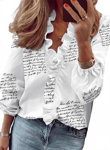 Women’s Long Sleeve V Neck Ruffled Trim Blouse Lightweight Lantern Or Puff Sleeve Casual Top Solid Floral Script Prints in Saudi Arabia