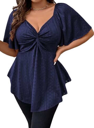 Eytino Womens Plus Size Tops Twist Front V Neck Short Sleeve Eyelet Embroidery Summer Loose Blouse Shirts(1X-5X) in Saudi Arabia