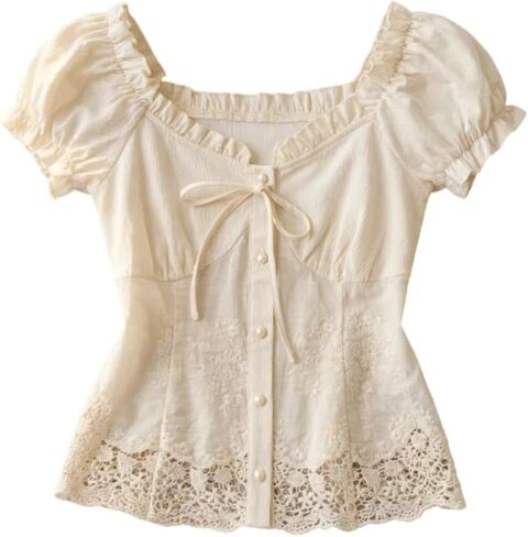 SHENHE Women's Plus Size Puff Sleeve Lace Crop Top Pearl Button Up Sweetheart Coquette Blouse in Saudi Arabia