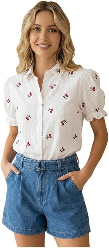 GORGLITTER Women's Cherry Shirt Puff Short Sleeve Button Down Collared Dressy Cute Summer Blouse Tops in Saudi Arabia