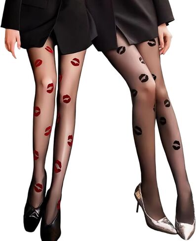 2 Pairs Women's Lip Print Tights Velvet Sheer Pantyhose Kiss Pattern Design Stockings for Party Daily Wear Black Sheer Tights for Women Ladies 2 Pair Spring Fall Thin in Saudi Arabia