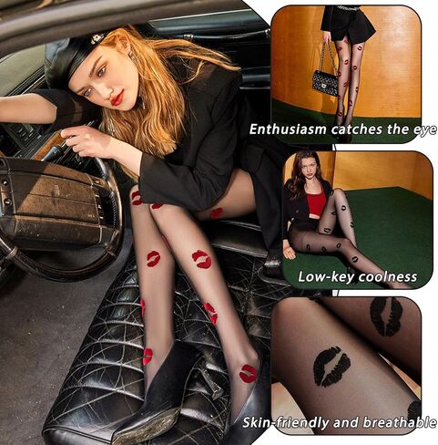 2 Pairs Women's Lip Print Tights Velvet Sheer Pantyhose Kiss Pattern Design Stockings for Party Daily Wear Black Sheer Tights for Women Ladies 2 Pair Spring Fall Thin in Saudi Arabia