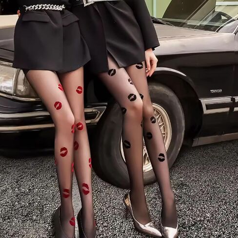 2 Pairs Women's Lip Print Tights Velvet Sheer Pantyhose Kiss Pattern Design Stockings for Party Daily Wear Black Sheer Tights for Women Ladies 2 Pair Spring Fall Thin in Saudi Arabia