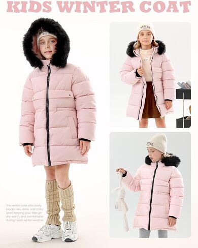 Yimoon Girl's Winter Coat Warm Long Parka Puffer Jacket Kids Waterproof Quilted Outerwear with Hood(Pink-11Y) in Saudi Arabia