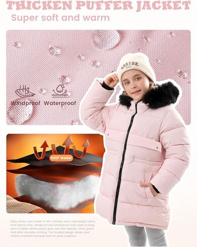 Yimoon Girl's Winter Coat Warm Long Parka Puffer Jacket Kids Waterproof Quilted Outerwear with Hood(Pink-11Y) in Saudi Arabia
