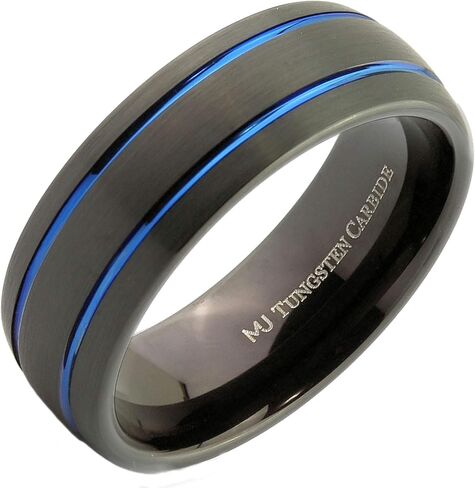 Tungsten Carbide Black Plated Wedding Band Choice of 6mm or 8mm 2 Silver or Black Grooves, 8mm 2 Blue Stripes or 8mm 2 Gold Plated Stripes in Saudi Arabia