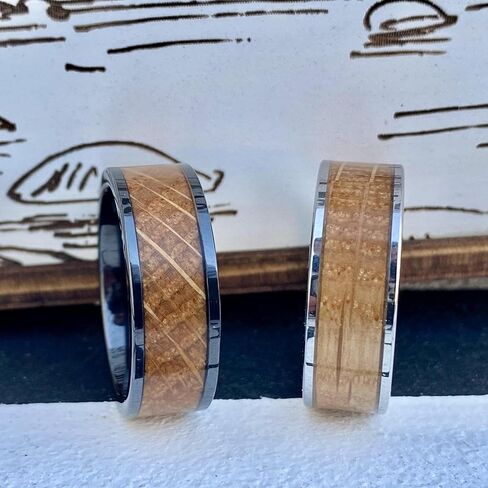 BW James Jewellers "فرقة زفاف تنجستين من لويزفيل مقاس 8 مم مع حلقات بوربون خشبية مستقيمة من كنتاكي، خاتم الوعد للرجال خاتم زفاف مع مقاسات صندوق مخصصة 7-16 in Saudi Arabia