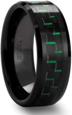 Atilus Beveled Black Ceramic Wedding Band with Black & Green Carbon Fiber by Thorsten Jewelry - 8mm in Kuwait