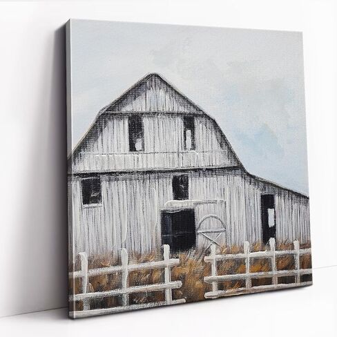 Poemwish Country Wall Art, Realistic Country Wall Decor, Canvas Wall Art in Weathered White and Brown, Pastoral Farm Scene with Wooden Fence in Saudi Arabia