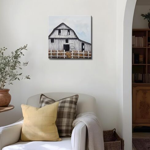 Poemwish Country Wall Art, Realistic Country Wall Decor, Canvas Wall Art in Weathered White and Brown, Pastoral Farm Scene with Wooden Fence in Saudi Arabia