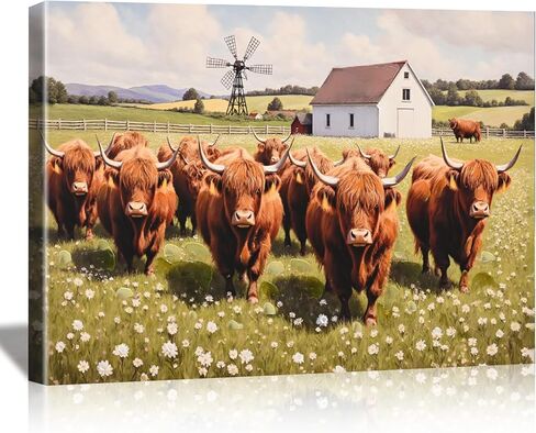 Poemwish Highland Cow Wall Art، ديكور بقرة المرتفعات لرعي القطيع، لوحة فنية جدارية من القماش ذات المناظر الطبيعية مع الحظيرة وطاحونة الهواء، مشهد رعوي، ديكور المزرعة الريفية باللون الأخضر والأبيض in Saudi Arabia