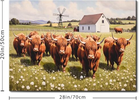 Poemwish Highland Cow Wall Art، ديكور بقرة المرتفعات لرعي القطيع، لوحة فنية جدارية من القماش ذات المناظر الطبيعية مع الحظيرة وطاحونة الهواء، مشهد رعوي، ديكور المزرعة الريفية باللون الأخضر والأبيض in Saudi Arabia
