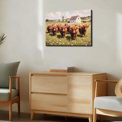 Poemwish Highland Cow Wall Art، ديكور بقرة المرتفعات لرعي القطيع، لوحة فنية جدارية من القماش ذات المناظر الطبيعية مع الحظيرة وطاحونة الهواء، مشهد رعوي، ديكور المزرعة الريفية باللون الأخضر والأبيض in Saudi Arabia