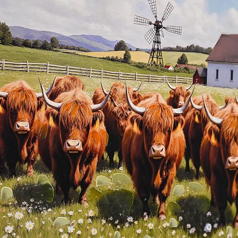Poemwish Highland Cow Wall Art، ديكور بقرة المرتفعات لرعي القطيع، لوحة فنية جدارية من القماش ذات المناظر الطبيعية مع الحظيرة وطاحونة الهواء، مشهد رعوي، ديكور المزرعة الريفية باللون الأخضر والأبيض in Saudi Arabia