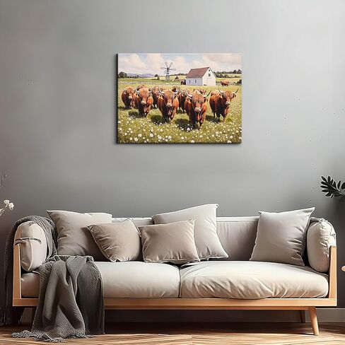 Poemwish Highland Cow Wall Art، ديكور بقرة المرتفعات لرعي القطيع، لوحة فنية جدارية من القماش ذات المناظر الطبيعية مع الحظيرة وطاحونة الهواء، مشهد رعوي، ديكور المزرعة الريفية باللون الأخضر والأبيض in Saudi Arabia