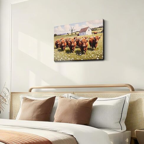 Poemwish Highland Cow Wall Art، ديكور بقرة المرتفعات لرعي القطيع، لوحة فنية جدارية من القماش ذات المناظر الطبيعية مع الحظيرة وطاحونة الهواء، مشهد رعوي، ديكور المزرعة الريفية باللون الأخضر والأبيض in Saudi Arabia