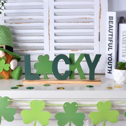 ديكورات يوم القديس باتريك، ديكور شامروك خشبي، علامة حرف LUCKY مع البرسيم، قطعة مركزية لتزيين طاولة عيد القديس باتريك للمنزل والمكتب، صينية متدرجة ديكور أيرلندي محظوظ (محظوظ) in Kuwait