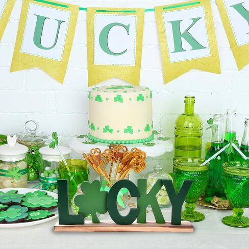 ديكورات يوم القديس باتريك، ديكور شامروك خشبي، علامة حرف LUCKY مع البرسيم، قطعة مركزية لتزيين طاولة عيد القديس باتريك للمنزل والمكتب، صينية متدرجة ديكور أيرلندي محظوظ (محظوظ) in Kuwait