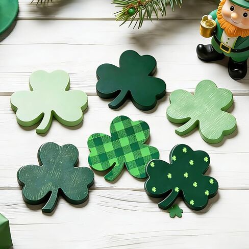 6 قطع من زينة نباتات النفل لعيد القديس باتريك، لافتات طاولة خشبية، صينية متدرجة ديكور البرسيم الأخضر الأيرلندي لمكتب مطبخ المنزل وحفلات القديس باتي in Kuwait