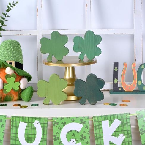 St Patrick's Day Decorations for Table, 4PCS Wooden Shamrock Decor Set, Rustic Farmhouse Green Gradient St. Patrick's Day Centerpiece for Home Office Tiered Tray (4 Colors) in Saudi Arabia