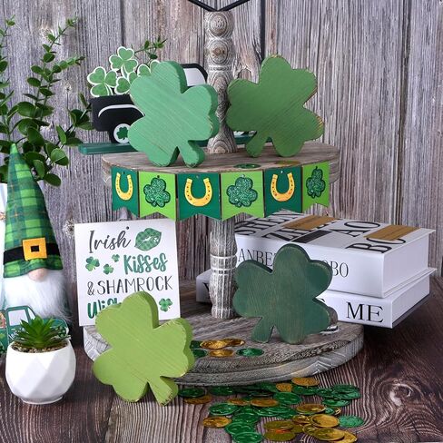 St Patrick's Day Decorations for Table, 4PCS Wooden Shamrock Decor Set, Rustic Farmhouse Green Gradient St. Patrick's Day Centerpiece for Home Office Tiered Tray (4 Colors) in Saudi Arabia