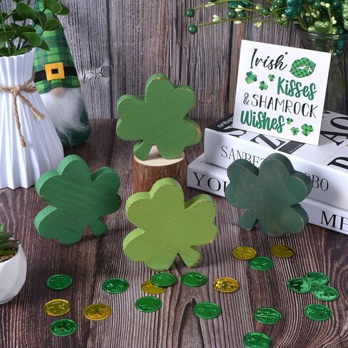 St Patrick's Day Decorations for Table, 4PCS Wooden Shamrock Decor Set, Rustic Farmhouse Green Gradient St. Patrick's Day Centerpiece for Home Office Tiered Tray (4 Colors) in Saudi Arabia