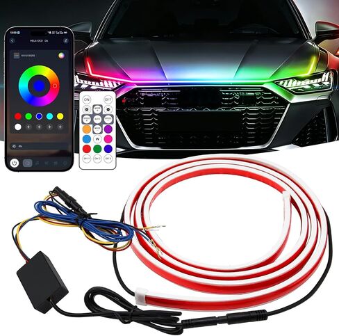 شريط إضاءة لغطاء السيارة 59 بوصة RGB LED أضواء خارجية مقاومة للماء متعددة الألوان للمسح الديناميكي لبدء تشغيل مجموعة غطاء محرك السيارة DRL أضواء النهار الجري للسيارات والشاحنات وسيارات الدفع الرباعي والتطبيق والتحكم عن بعد، 12 فولت in Kuwait